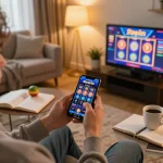Playing the 98win casino app on a smartphone in a cozy setting, showcasing a responsible gaming environment.