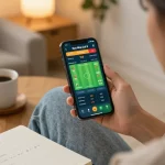 Engaging in sports betting through the Keo Nha Cai 5 interface on a smartphone in a cozy home setting.