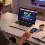 Engaging player focused on vin777 online casino interface, showcasing strategic gameplay in modern home setup.
