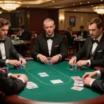 Intense gameplay at a poker table in luxury casino with gk88 stakes involved.