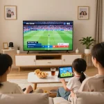 Family enjoying Sky Glass IPTV in a cozy living room with vibrant 4K streaming.