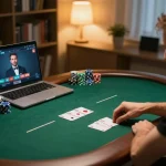 C168 player strategizing at online poker table with live dealer setup in cozy home environment