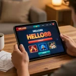 Engaging with HELLO88 online casino app in a cozy home setup, blending strategy and enjoyment.