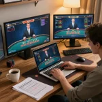 Gambling at home with hello88 on laptop, engaging in live casino gameplay with focused attention.