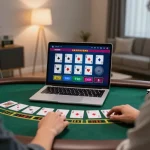 Engaging in online blackjack with vua99 at a stylish home office setup, showcasing smart gambling strategy.