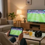 Socolive live football streaming with viewer enjoying vibrant match on tablet in cozy home setting.