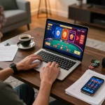 78win user engaged in online gaming at home with a laptop, showing poker gameplay and strategy notes.