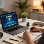 Engaged player using THABET online casino on a laptop, with strategic notes in a cozy setup.