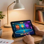 SC88 user playing interactive casino games on tablet in warm home setting