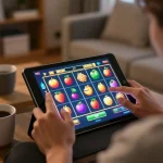 Slot gaming on a tablet showcasing max88 symbols in a cozy home setup