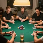 Players at a KUWIN home poker night strategizing their game around a competitive round table