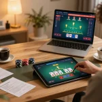 Engage in fine online blackjack with fly88 from a stylish gaming setup, showcasing immersive gameplay.