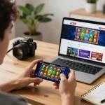 Player enjoying the LC88 casino app on their smartphone during online gaming session at home.
