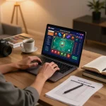 Engaged player at their online casino using strategic insights from nhacaiuytinn in a cozy home setting.