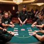 Players engage in high-stakes poker at bu88 casino, showcasing chips and intense concentration.