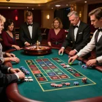 The excitement of okwin gaming as players engage in a lively roulette game within an upscale casino atmosphere.