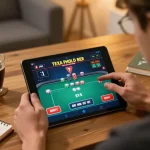 98win player engaging in a Texas Hold'em game on a tablet, highlighting strategic gameplay.