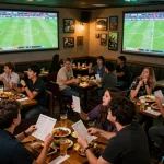 Sports fans engaging in kèo nhà cái betting during live football matches in a lively sports bar.