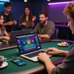 Player experiencing live dealer blackjack at home with f8betz app and gaming setup.