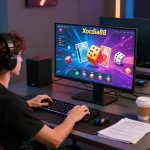 Xocdia88 player strategizing online gaming with vibrant interface and notes in a modern setup