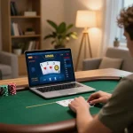 Player engaging with SIN88 poker game on laptop in cozy home setup, emphasizing strategic gameplay