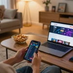 Engaged user placing bets on F168 site via smartphone in a cozy home setting