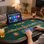 Engaged player using tablet for tài xỉu md5, capturing dynamic online gambling action in a cozy home setting.