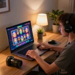 Engaging with 789WIN casino slots on a stylish laptop in a cozy home gaming setup.