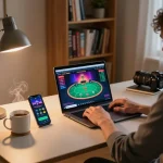 Engaging online gaming session on GO99 with a player focusing on the laptop interface and strategic notes.