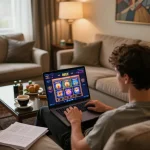 Playing slot games on 8EEE platform in a cozy setting with laptop and notes.