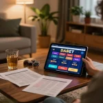 DABET player engaging with casino app on tablet in a cozy living room setting.