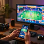 Player engaging in 789club mobile gaming, showcasing excitement and strategy in a cozy setting.