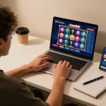Engaging online gaming setup with Jun88 app on laptop showcasing vibrant slot game features.
