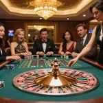 Players placing bets at the 789WIN roulette table, showcasing anticipation and excitement in a luxurious casino setting.