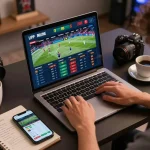 Engaging in live betting for Hitclub events on a laptop, showcasing strategic planning with sports memorabilia.
