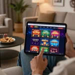 Kkwin user enjoying diverse online games on tablet, surrounded by a cozy home setting.