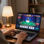 Engaged player enjoying SC88 online poker session on laptop in cozy living room