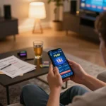 Engaging with Fly88 on a smartphone in a cozy living room environment, highlighting strategic gaming.