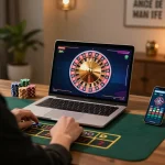 Engaging in online gaming with nohu90 roulette interface on a laptop.
