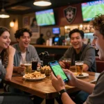 Engaged user placing bets on cakhiatv mobile app while enjoying live football match at a sports bar