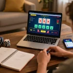 Engaging in live dealer blackjack at home using llwin app on laptop, showcasing strategic gambling.