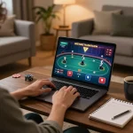 Player engaging in online poker at home using FUN79 platform on a laptop, showcasing dynamic game action
