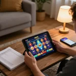 Player engaging with me99 online casino slots on tablet in cozy home setting, showcasing strategic gaming.