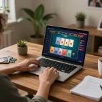 Engaging in live dealer games on rokok88 with warm home office atmosphere and vibrant gameplay.