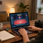 S666no1 gaming session with a player engaged in poker strategy at home, showcasing an inviting atmosphere.