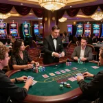 Players strategizing at a blackjack table in a luxurious casino atmosphere featuring man88.