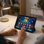 Sao789 player engaged in online gaming with vibrant app display on tablet