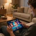 Player enjoying luck8l online casino experience on tablet in a cozy living room setting, showcasing strategic gameplay