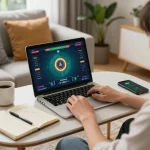 Engaging in tài xỉu online gaming at home, highlighting a cozy setup with a laptop, notebook, and coffee.