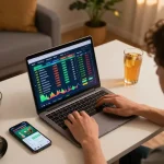 Person using keobongda to analyze sports betting odds on a laptop in a cozy setting.
